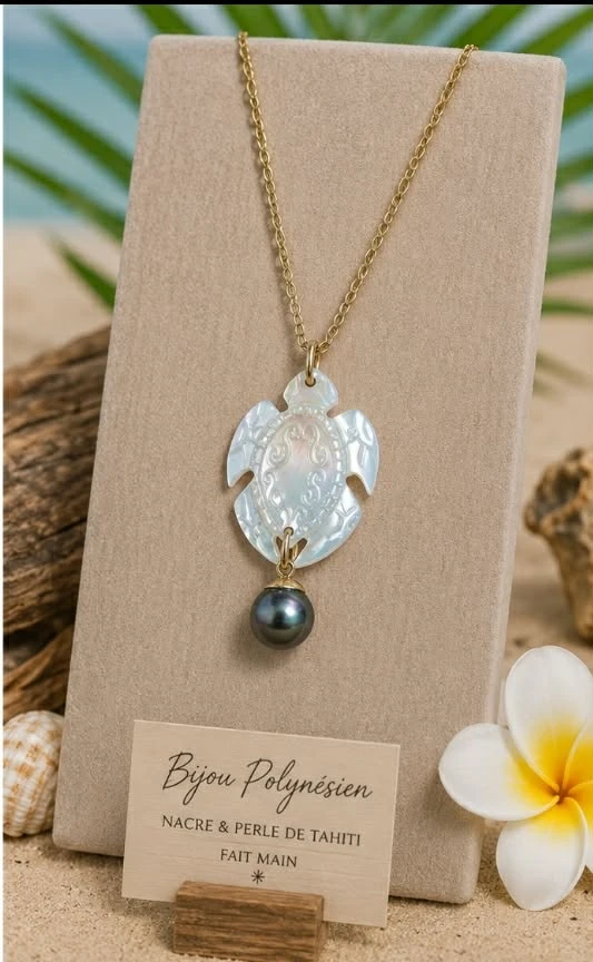 Collier TORTUE en pendentif avec perle de Tahiti