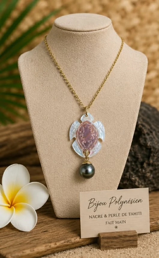 Collier TORTUE en pendentif avec perle de Tahiti